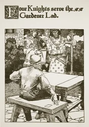 4人の騎士が庭師の若者に仕える、「アーサー王と彼の騎士の物語」、1903年のイラスト